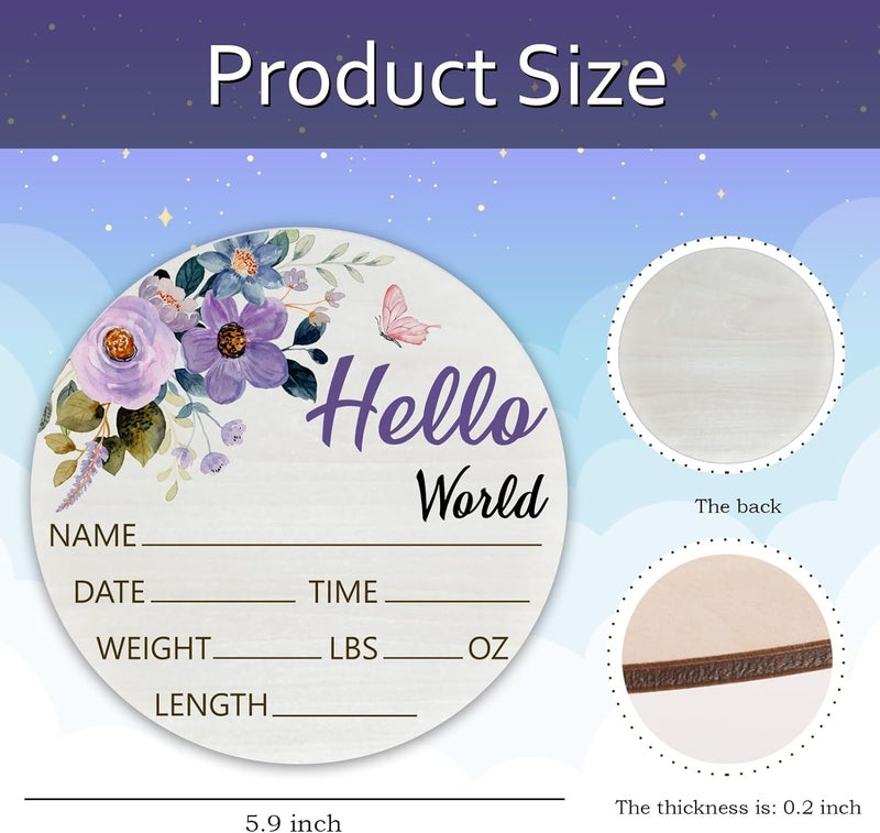 CLHHM Hello World Purple Rose Baby Name Sign Birth Announcement Plaque with Name Date Weight 6" Round Birch Wood Nursery Decor Newborn Hospital Keepsake Gift for Parents - Image 2